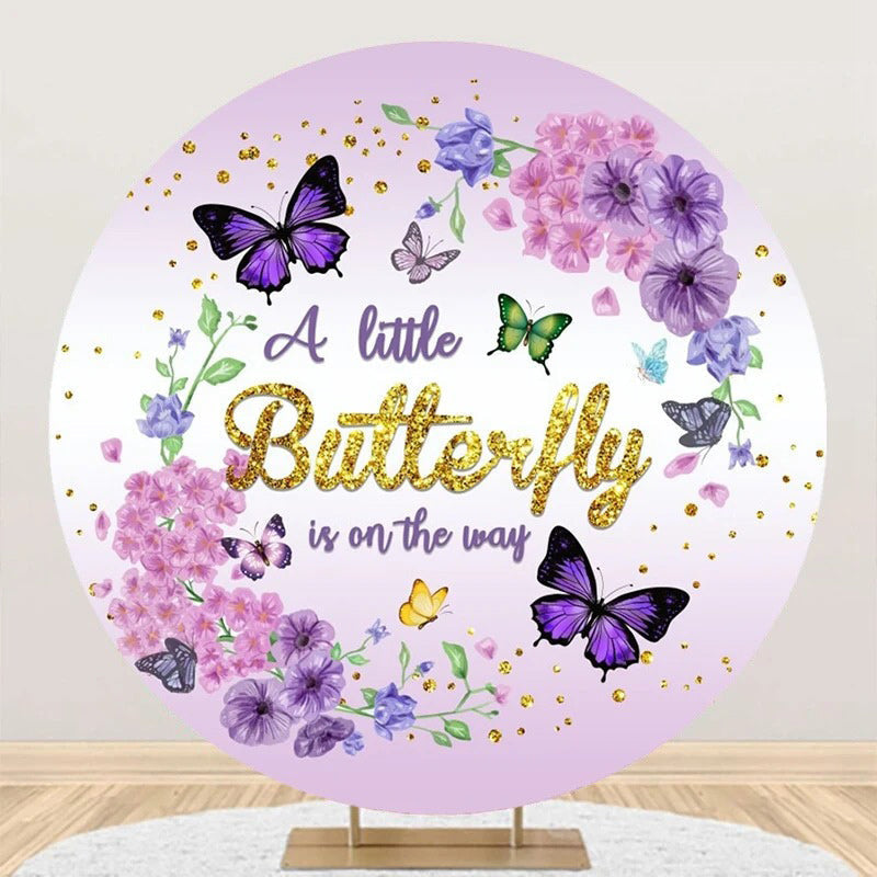 Aperturee - Purple Butterfly Floral Round Baby Shower Backdrop