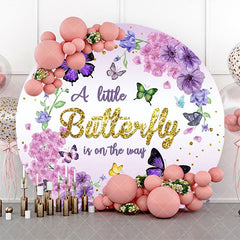 Aperturee - Purple Butterfly Floral Round Baby Shower Backdrop