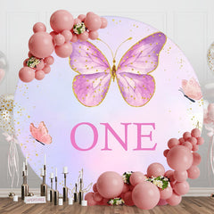 Aperturee - Purple Butterfly Glitter Round One Birthday Backdrop