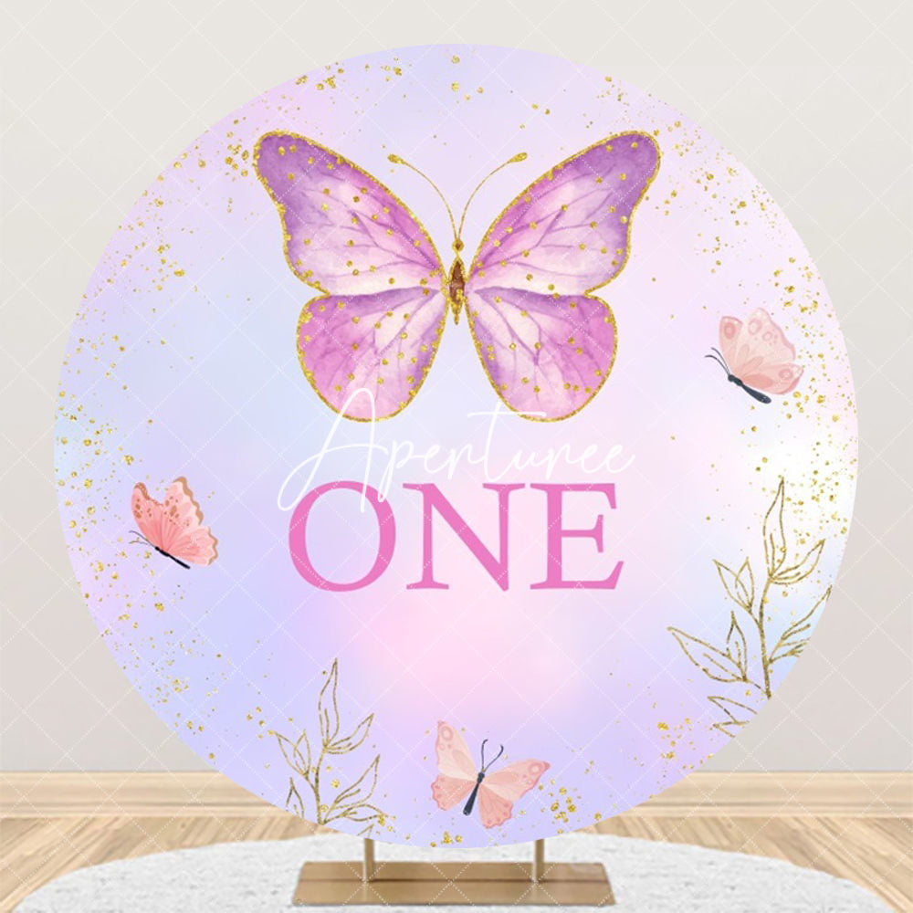 Aperturee - Purple Butterfly Glitter Round One Birthday Backdrop