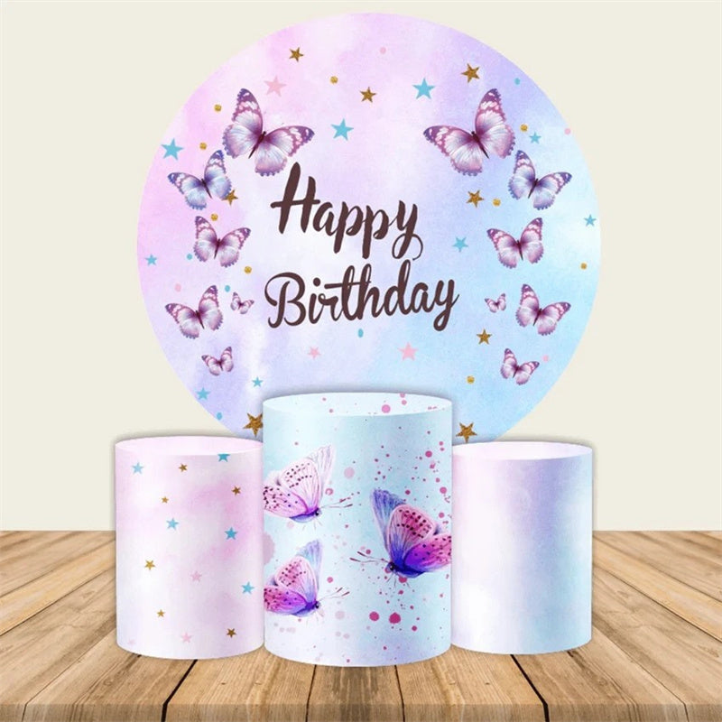 Aperturee Purple Butterfly Stars Birthday Round Backdrop Kit