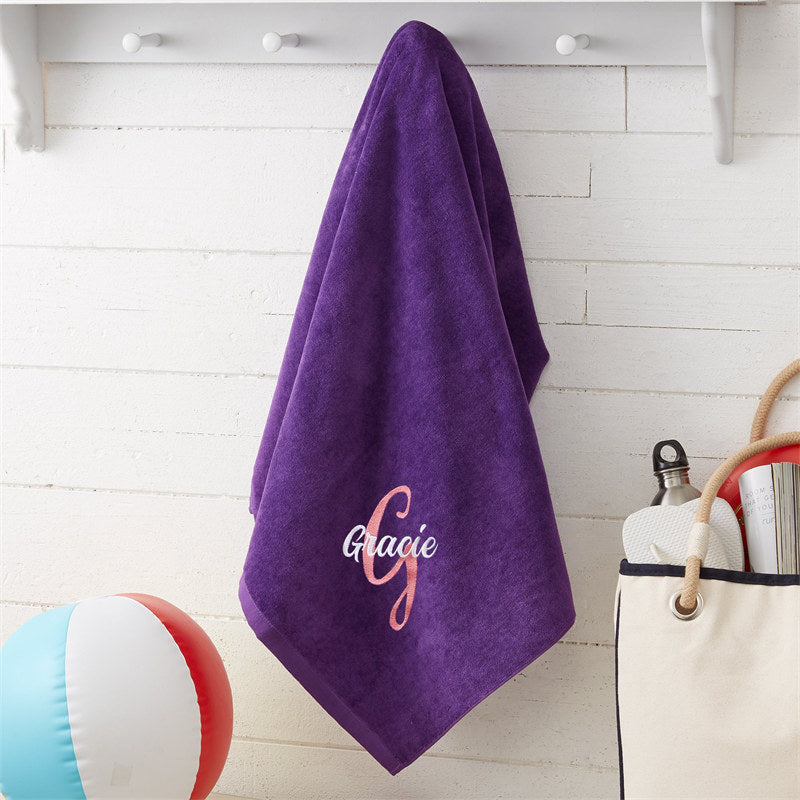 Aperturee - Purple Custom Embroidered Name Initial Beach Towel