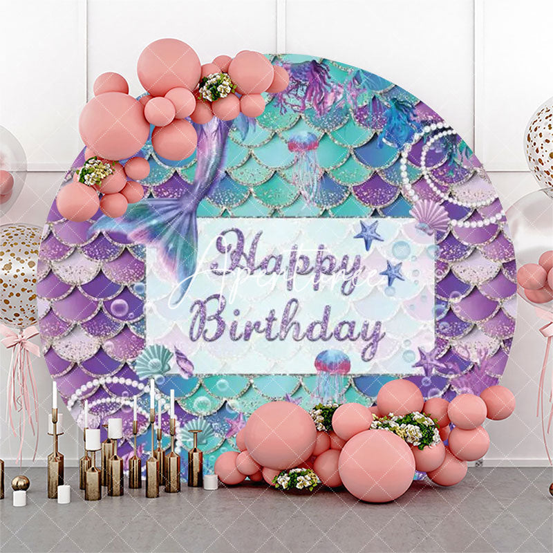 Aperturee - Purple Cyan Mermaid Pearls Round Birthday Backdrop