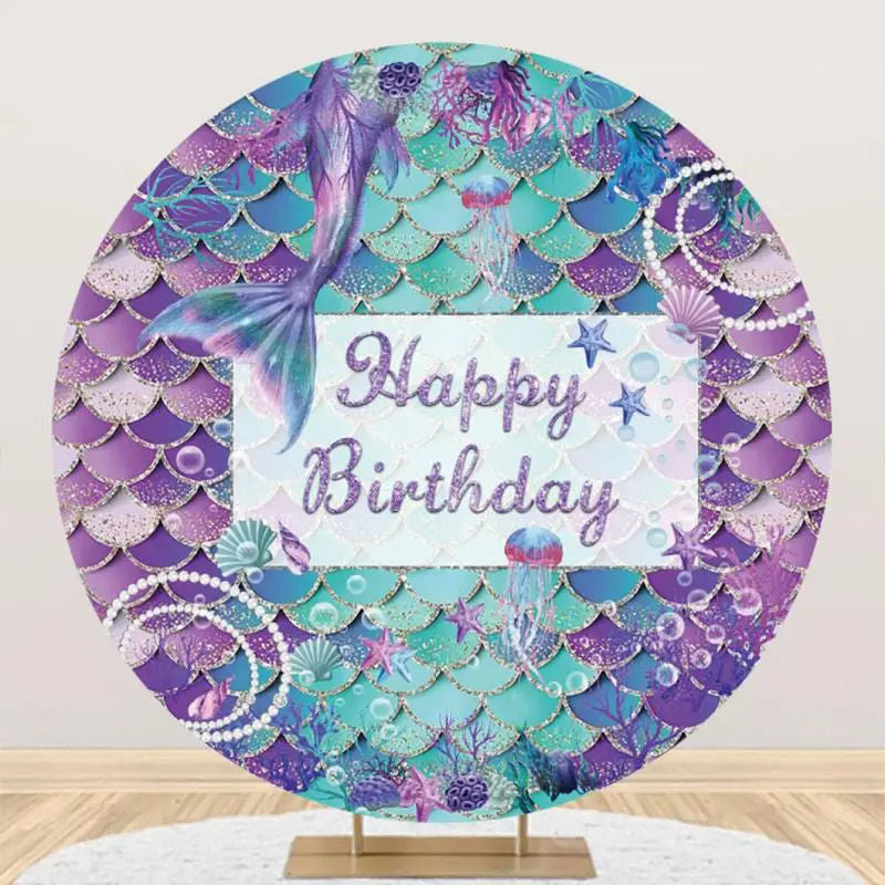 Aperturee - Purple Cyan Mermaid Pearls Round Birthday Backdrop