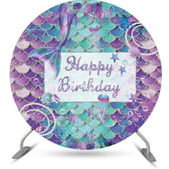 Aperturee - Purple Cyan Mermaid Pearls Round Birthday Backdrop