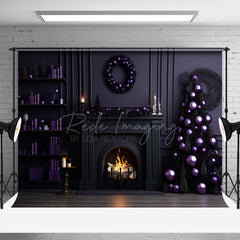 Aperturee - Purple Fireplace Christmas Tree Portrait Backdrop