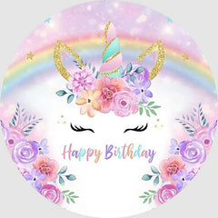 Aperturee - Purple Floral And Unicorn Circle Happy Birthday Backdrop