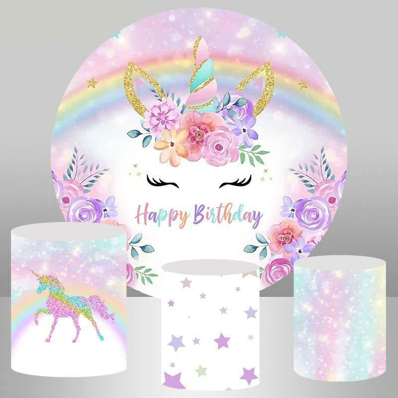 Aperturee Purple Floral And Unicorn Circle Happy Birthday Backdrop