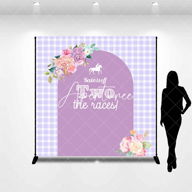 Aperturee - Purple Floral Arch Plaid Custom Birthday Backdrop