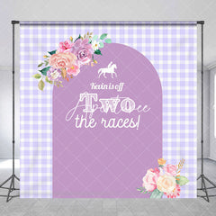 Aperturee - Purple Floral Arch Plaid Custom Birthday Backdrop