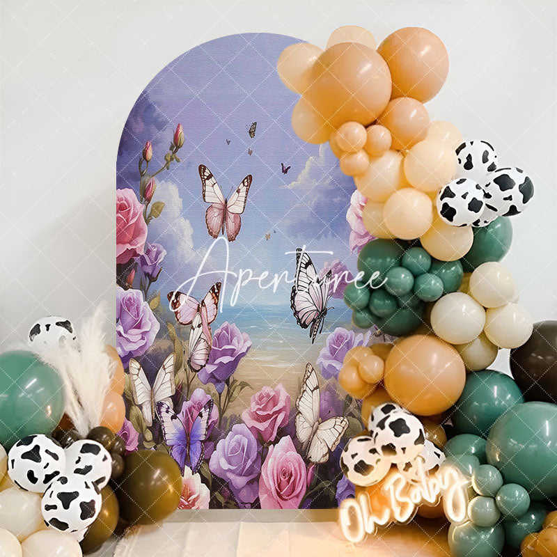 Aperturee - Purple Floral Butterfly Happy Birthday Arch Backdrop