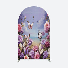 Aperturee - Purple Floral Butterfly Happy Birthday Arch Backdrop