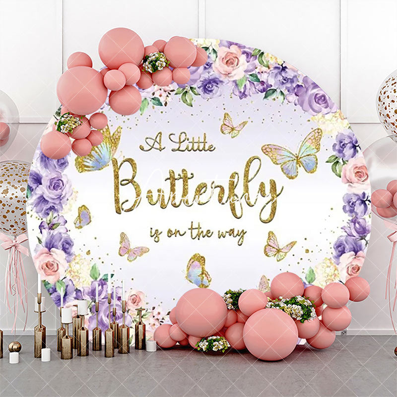 Aperturee - Purple Floral Butterfly Round Baby Shower Backdrop