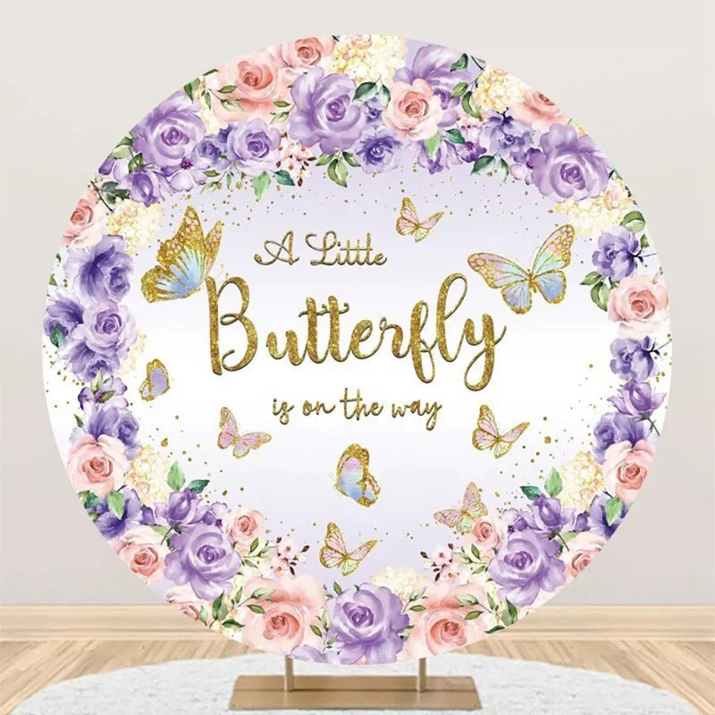 Aperturee - Purple Floral Butterfly Round Baby Shower Backdrop