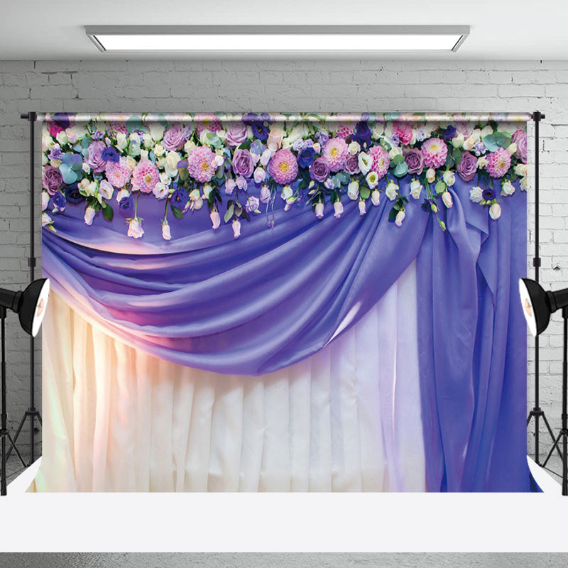 Aperturee - Purple Floral Curtain Valentines Day Photo Backdrop