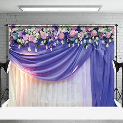 Aperturee - Purple Floral Curtain Valentines Day Photo Backdrop