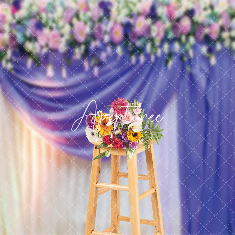 Aperturee - Purple Floral Curtain Valentines Day Photo Backdrop