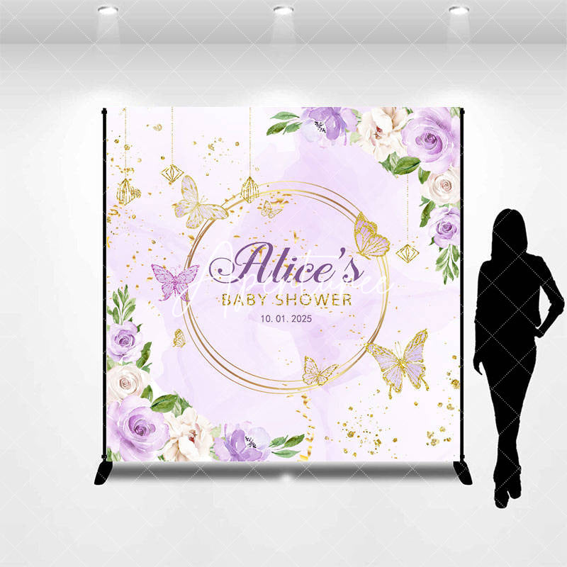 Aperturee - Purple Floral Custom Baby Shower Backdrop For Girls