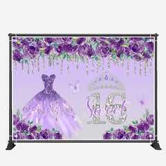 Aperturee - Purple Floral Dress Sweet 16th Birthday Backdrop