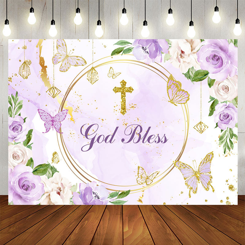 Aperturee - Purple Floral Glitter God Bless Baby Shower Backdrop