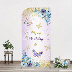 Aperturee - Purple Floral Gold Butterfly Arch Birthday Backdrop