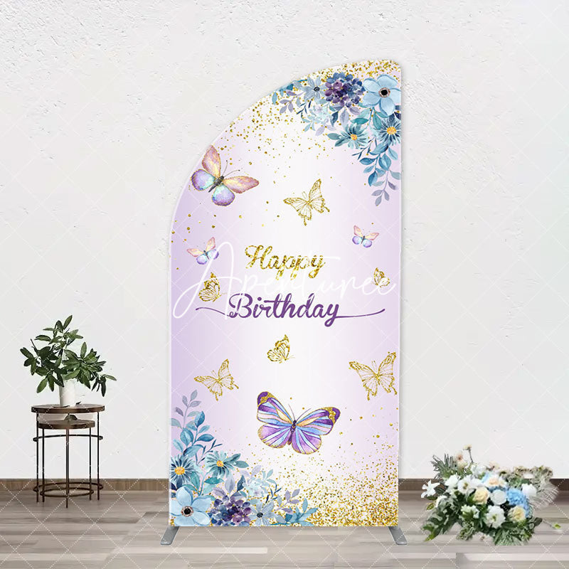 Aperturee - Purple Floral Gold Butterfly Arch Birthday Backdrop