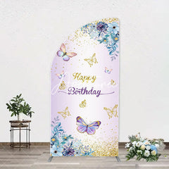 Aperturee - Purple Floral Gold Butterfly Arch Birthday Backdrop