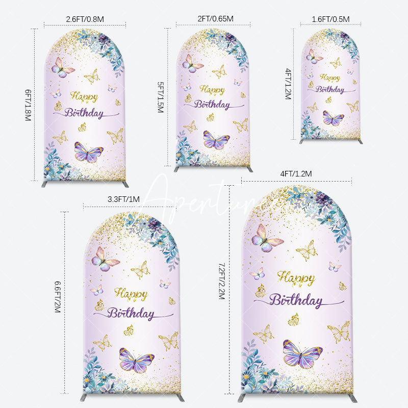 Aperturee - Purple Floral Gold Butterfly Arch Birthday Backdrop