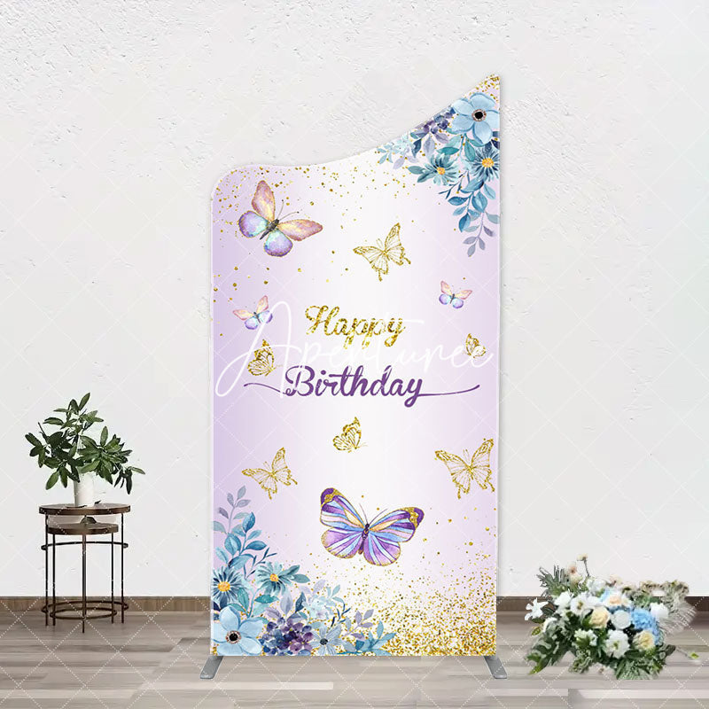 Aperturee - Purple Floral Gold Butterfly Arch Birthday Backdrop