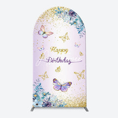 Aperturee - Purple Floral Gold Butterfly Arch Birthday Backdrop