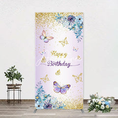 Aperturee - Purple Floral Gold Butterfly Arch Birthday Backdrop