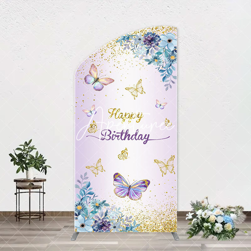 Aperturee - Purple Floral Gold Butterfly Arch Birthday Backdrop