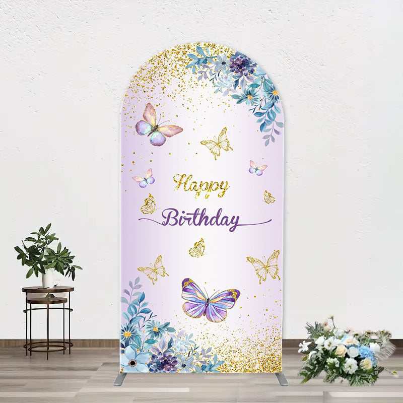 Aperturee - Purple Floral Gold Butterfly Arch Birthday Backdrop