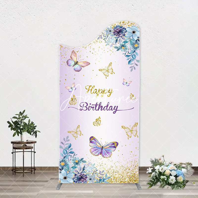 Aperturee - Purple Floral Gold Butterfly Arch Birthday Backdrop