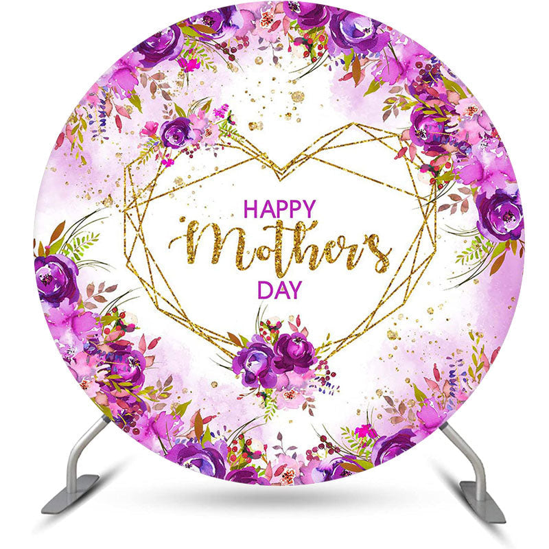 Aperturee - Purple Floral Gold Heart Round Mothers Day Backdrop