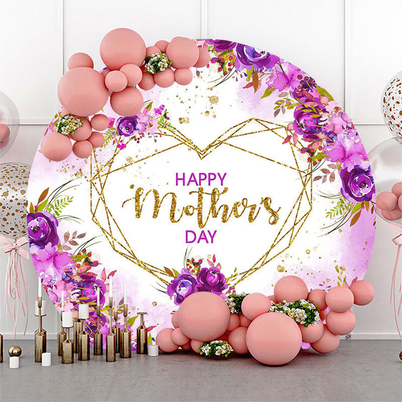 Aperturee - Purple Floral Gold Heart Round Mothers Day Backdrop