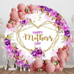 Aperturee - Purple Floral Gold Heart Round Mothers Day Backdrop