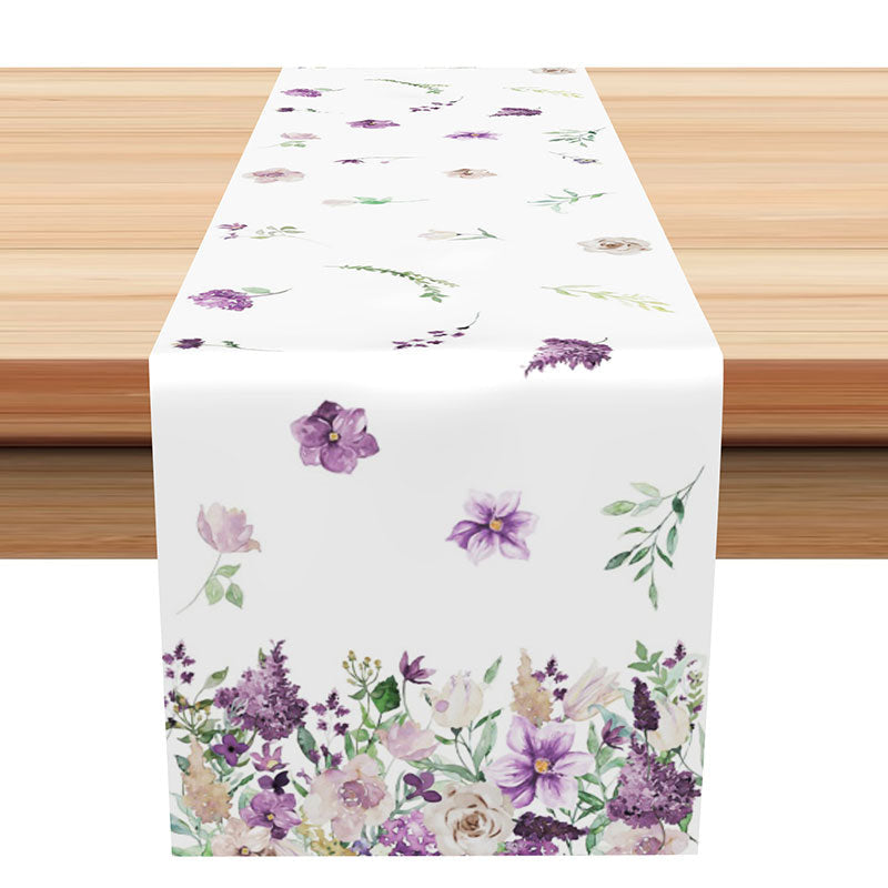 Aperturee - Purple Floral Green Leaf Simple Fabric Table Runner