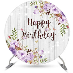 Aperturee - Purple Floral Leaves Wooden Round Birthday Backdrop