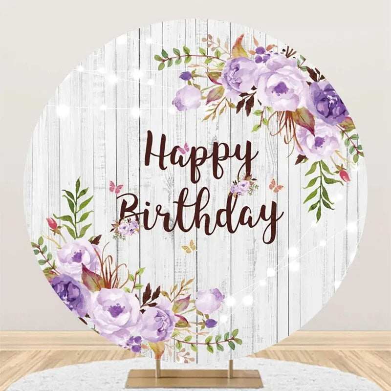 Aperturee - Purple Floral Leaves Wooden Round Birthday Backdrop