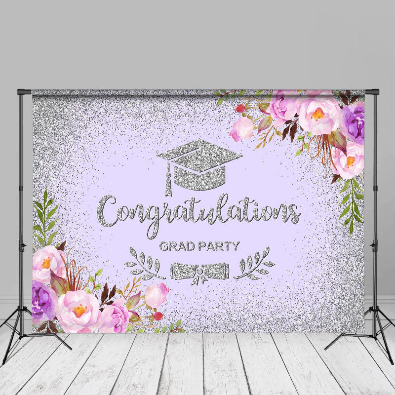 Aperturee - Purple Floral Silver Congrats Grad Party Backdrop