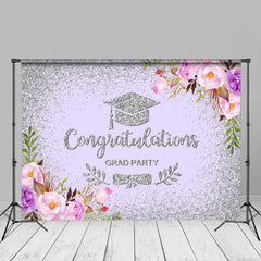 Aperturee - Purple Floral Silver Congrats Grad Party Backdrop