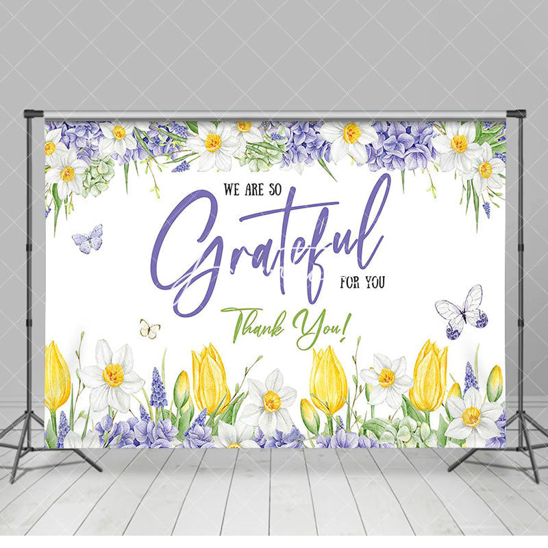 Aperturee - Purple Floral We Are So Grateful For You Backdrop