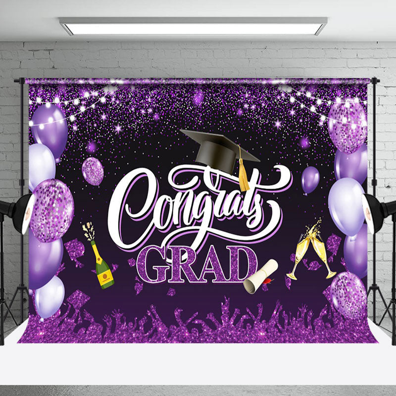 Aperturee - Purple Glitter Balloons Congrats Graduation Backdrop