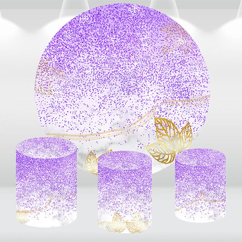 Aperturee Purple Glitter Golden Leaves Birthday Round Backdrop Kit