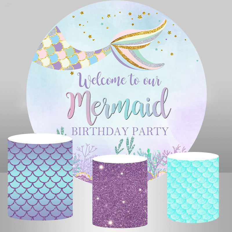 Aperturee Purple Glitter Mermaid Birthday Day Circle Backdrop