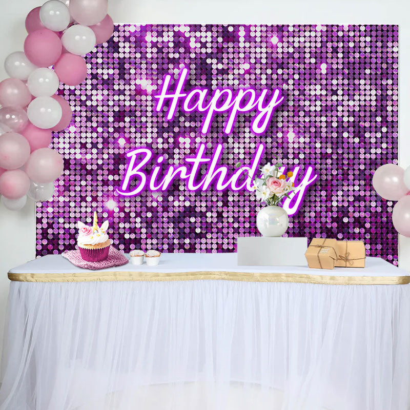 Aperturee - Purple Glitter Sequin Simple Happy Birthday Backdrop