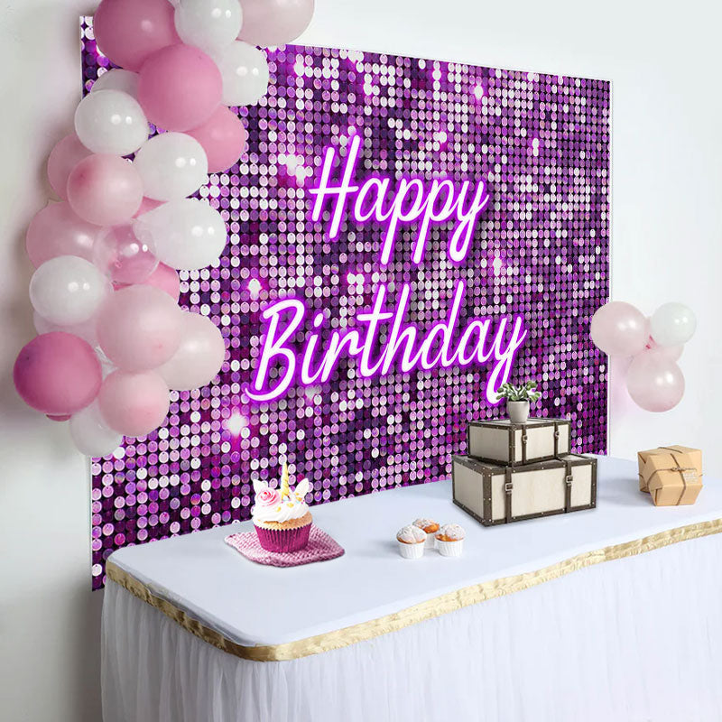 Aperturee - Purple Glitter Sequin Simple Happy Birthday Backdrop