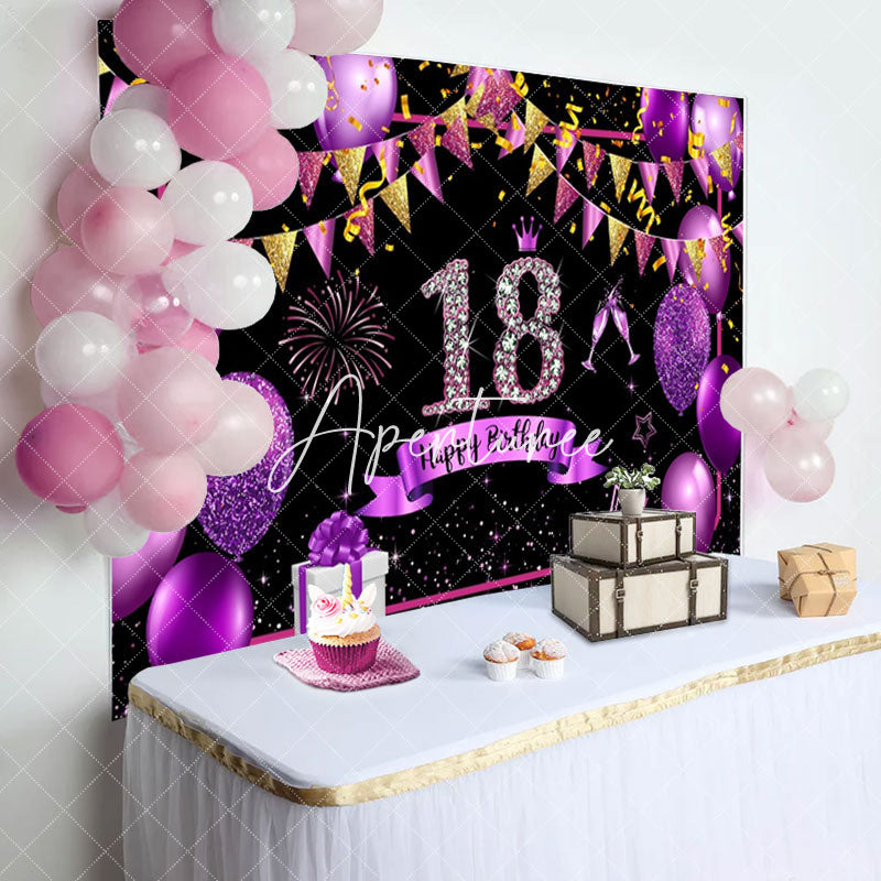 Aperturee - Purple Gold Balloon Glitter 18th Birthday Backdrop