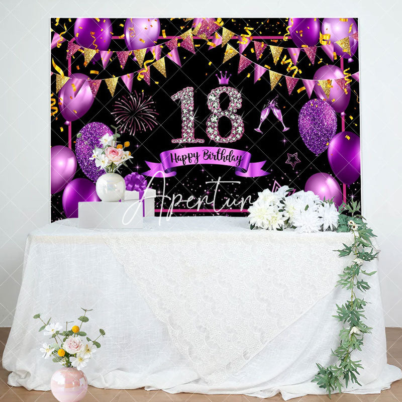 Aperturee - Purple Gold Balloon Glitter 18th Birthday Backdrop